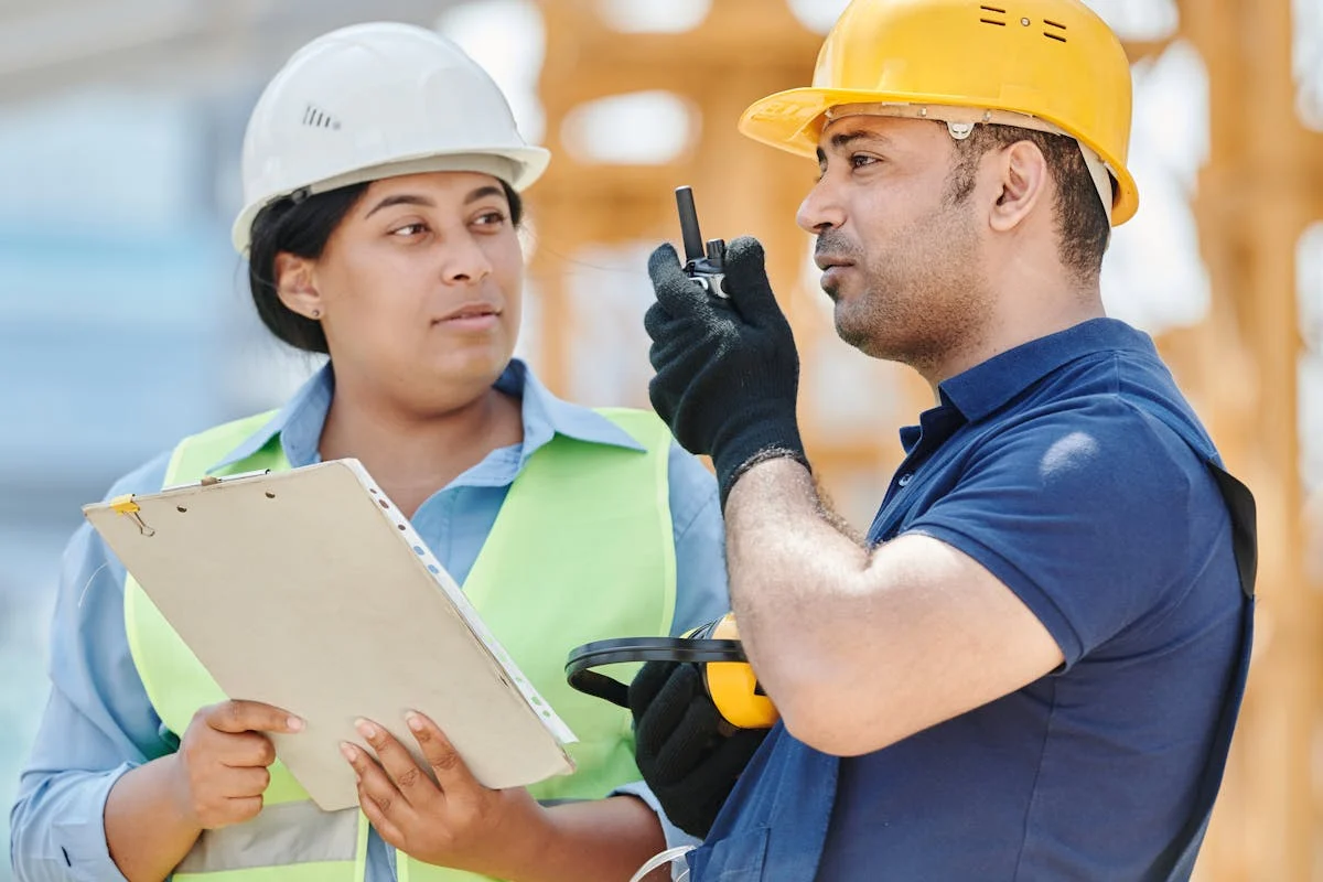 Construction workers wearing hard hats at industrial site