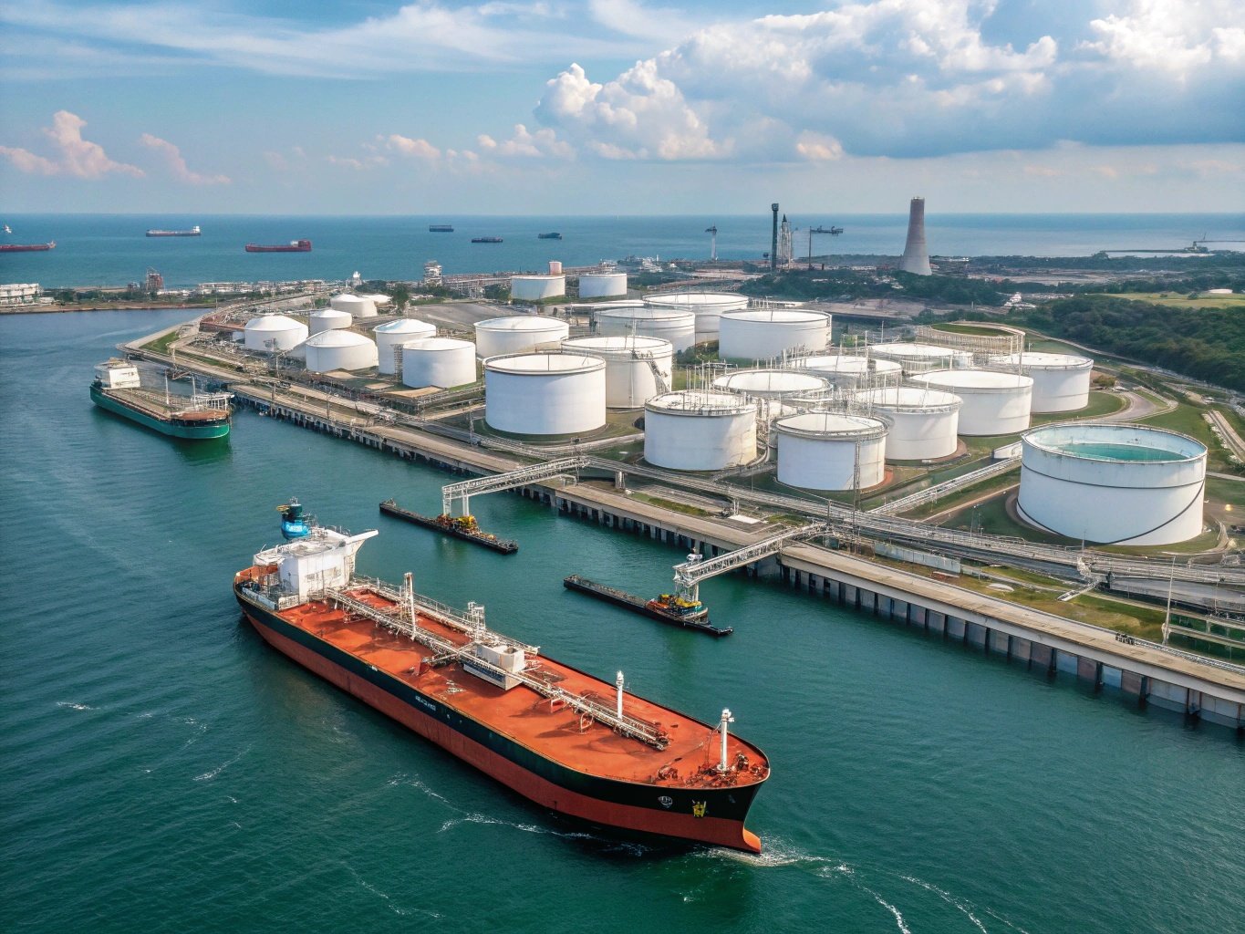 Busy petroleum products terminal with refined fuel tanker ships